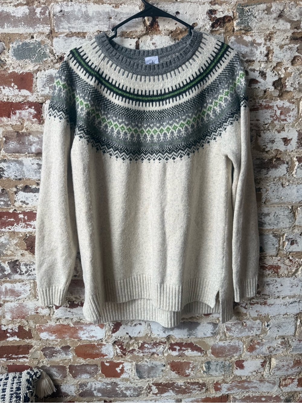 CAbi Fair Isle Knit Sweater in Cream, Gray and Green